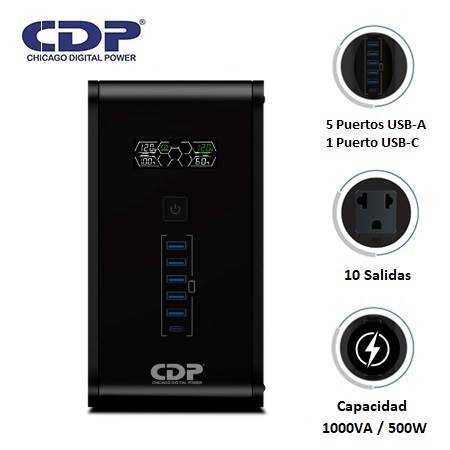 UPS CDP R-SMART 1010I 1000VA / 500W AUTONOM? 30MIN 10 SALIDAS/5 PORT USB-A/1 PORT USB-C BLACK (R-SMART1010I)