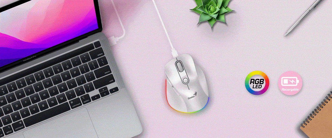 MOUSE GENIUS ERGO 9000S PRO RECARGABLE DUAL WIRELESS/BT 6-BOT SILENT RGB PINK (31030039403)